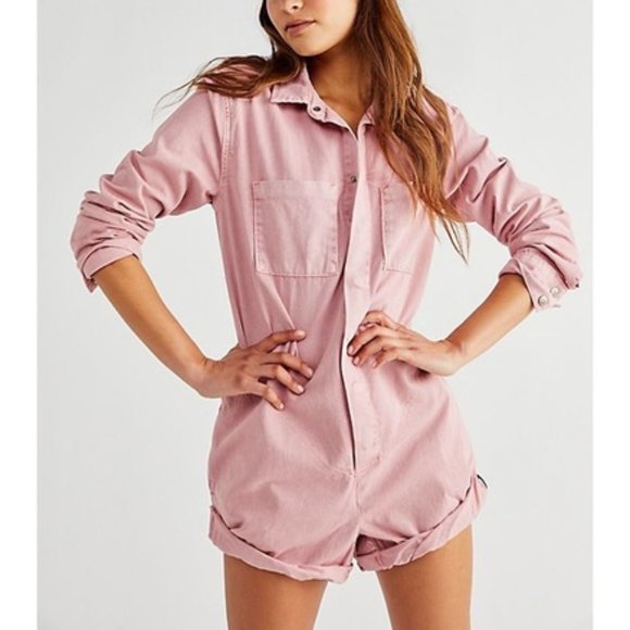 New Free People x One Teaspoon Prophecy Sm Pink Denim Short Romper Jumpsuit - Picture 1 of 12